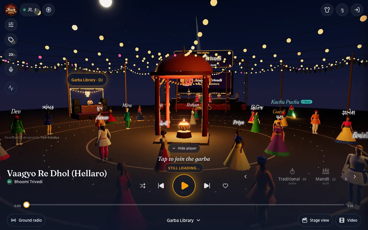 The GarbaGround garba player: a 3D night garba ground with dancers, the stage and the player controls